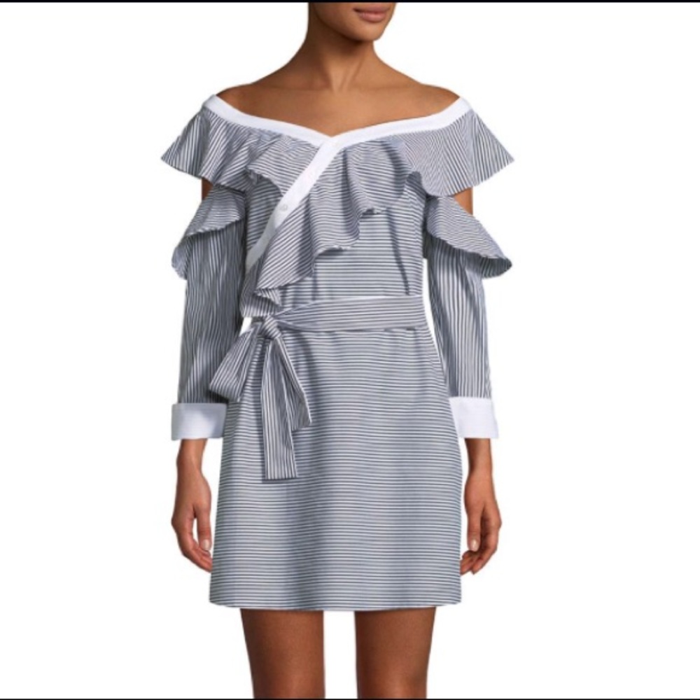 Laundry Striped Off Shoulder Tie Waist Mini Dress